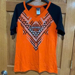 HARLEY-DAVIDSON Women's XL V-Neck Short Sleeve Shirt Orange Black Alexandria EUC